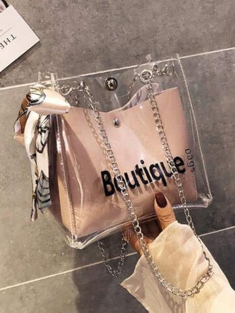 Boutique Clear Tote with Rose Pink Insert and Chain Strap